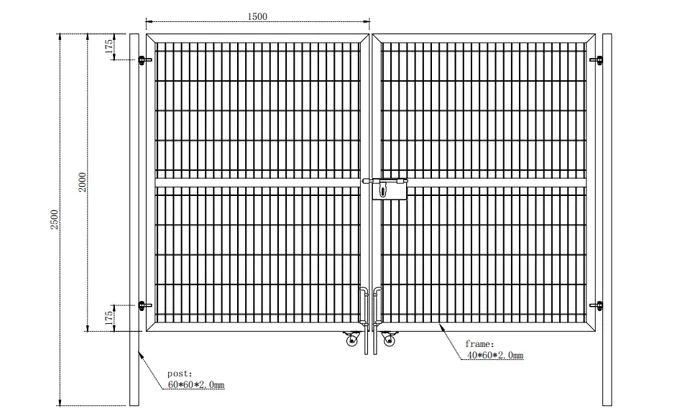 3D welded mesh fence, double gate technical drawing with dimensions