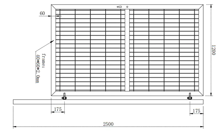Technical drawing shows side profile dimensioning for a 3D welded mesh fence assembly.