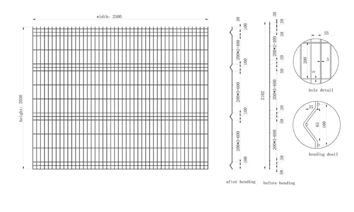 Front CAD drawing illustrates 3D welded mesh fence panel layout with frame and mesh dimensions.