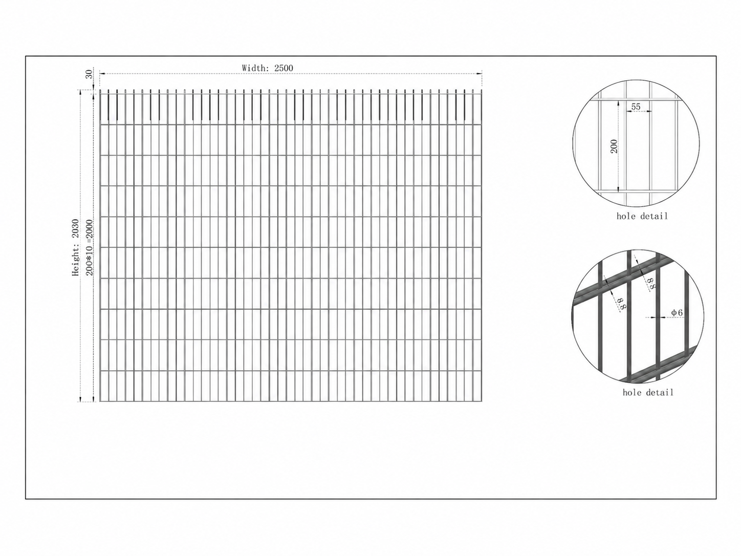 Desenho técnico do painel de arame duplo com dimensões detalhadas.