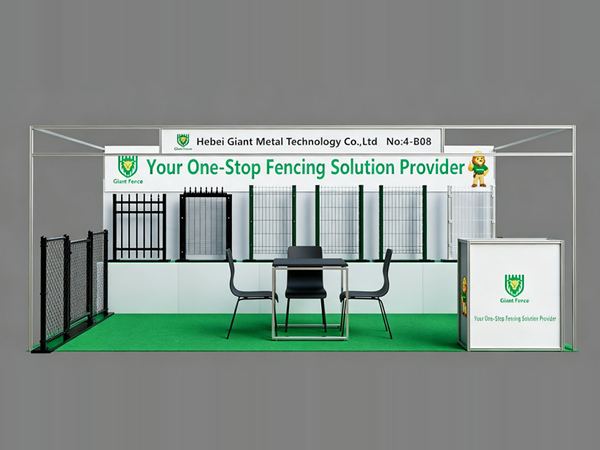 This is our pre-rendered booth design for Edifica 2026, displaying varied metal fence samples.