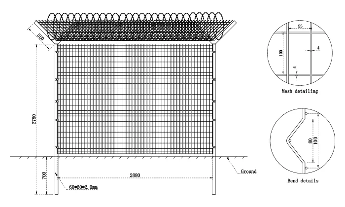 A drawing of 3D panel type airport fence with razor wire.