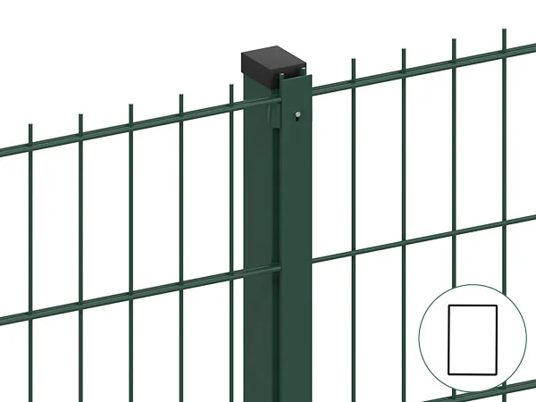 Two pieces of 2D fences are connected with rectangular post and flat bar.