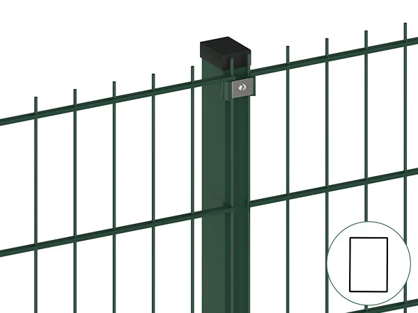 Two pieces of 2D fences are connected with rectangular post and metal clip.