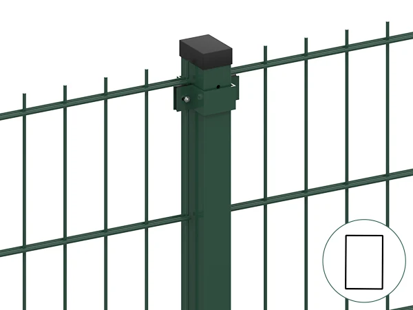 Two pieces of 2D fences are connected with rectangular post and metal clamp.