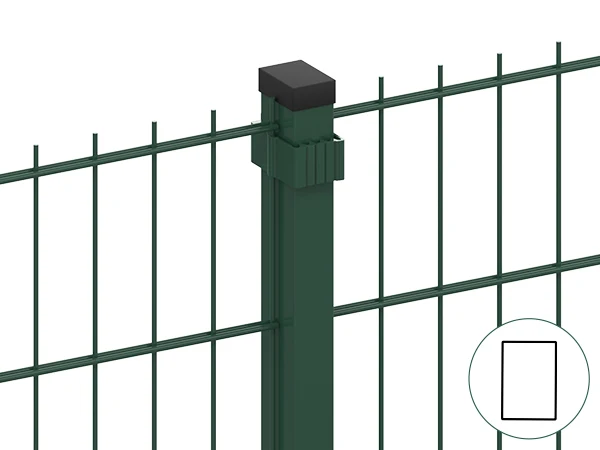 Two pieces of 2D fences are connected with rectangular post and plastic clamp.