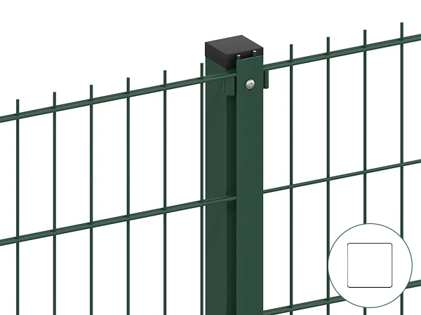 Two pieces of 2D fences are connected with square post and flat bar.