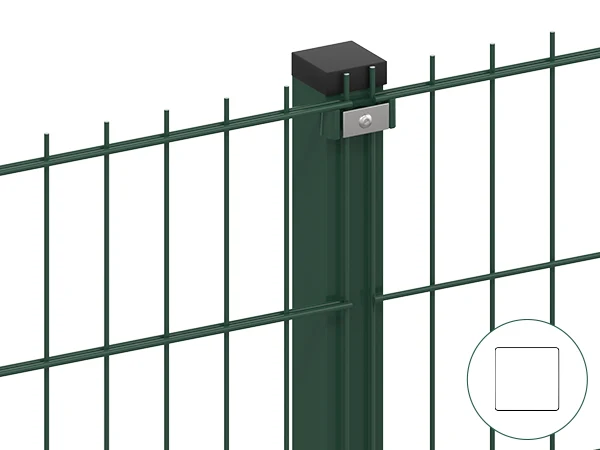 Two pieces of 2D fences are connected with square post and metal clip.