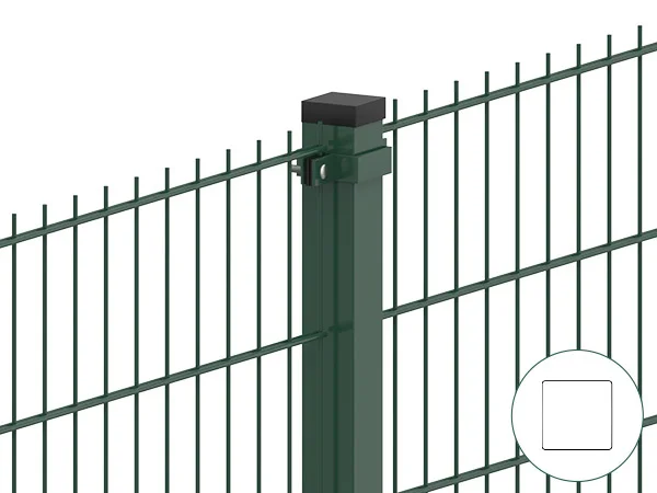 Two pieces of 2D fences are connected with square post and metal clamp.