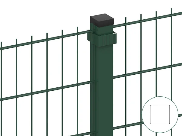 Two pieces of 2D fences are connected with square post and plastic clamp.