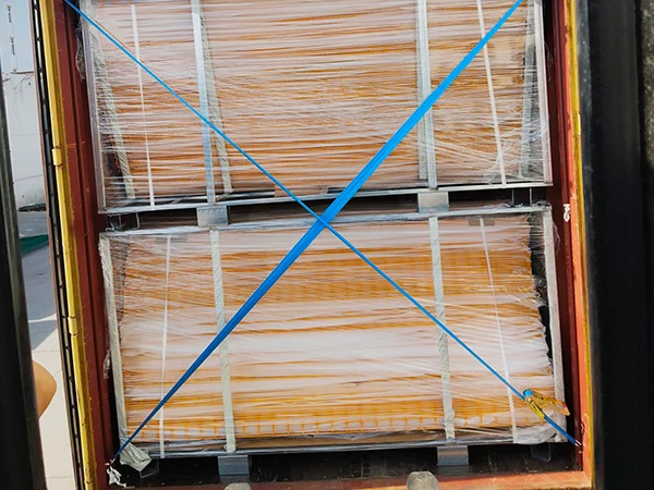 Two metal pallets of edge protection fences in the container and they are fastened.