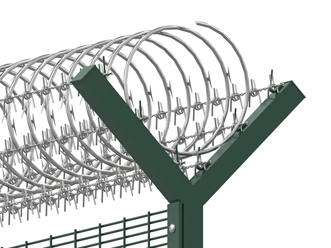 The detail picture of razor wire and barbed wire on the Y arms of 358 security fence type airport fence.