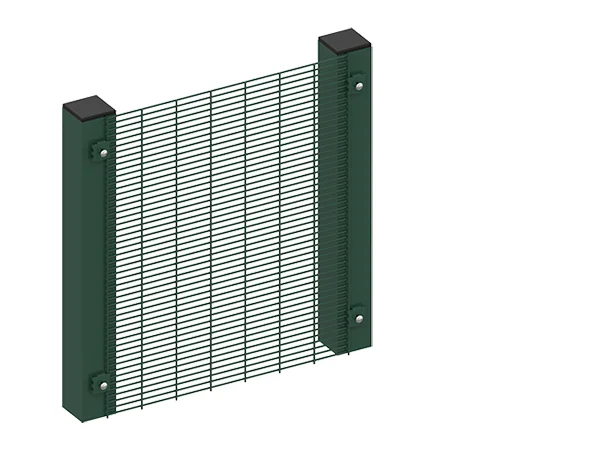 A piece of 358 security fence with square post and spider clip.