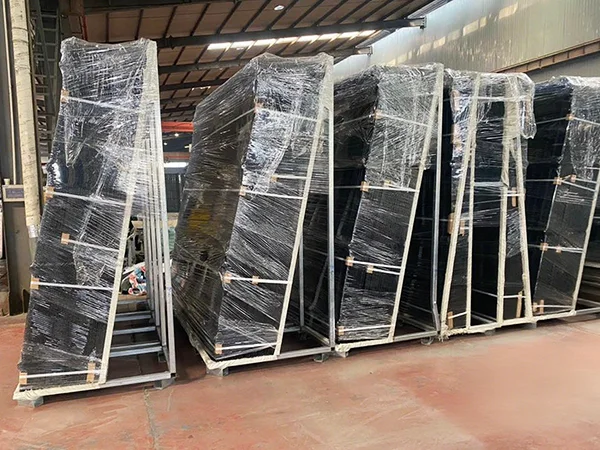 Several metal pallets of 358 high security fences in the warehouse.