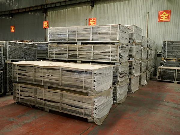 Several pallets of square posts of 358 high security fences in the warehouse.