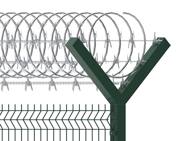 The detail picture of razor wire and barbed wire on the Y arms of 3D Panel type airport fence.