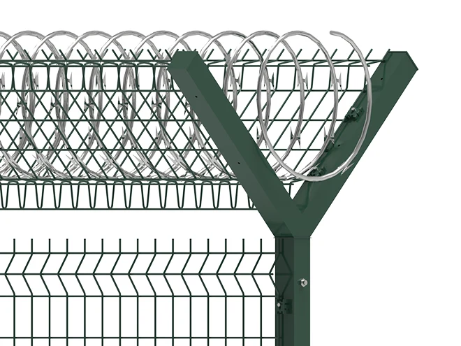 The detail picture of razor wire and mesh panel on the Y arms of 3D Panel type airport fence.