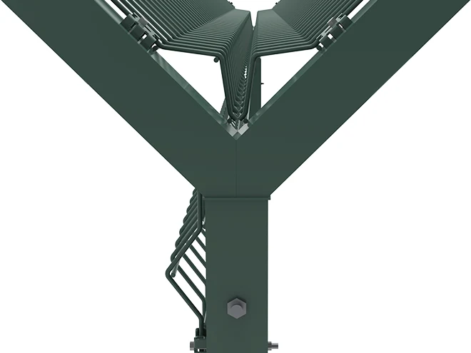 The Y arm are fastened to the square post with bolts and nuts.