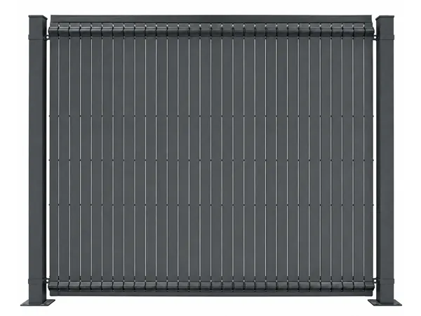 3D privacy fence with dark gray privacy slats.