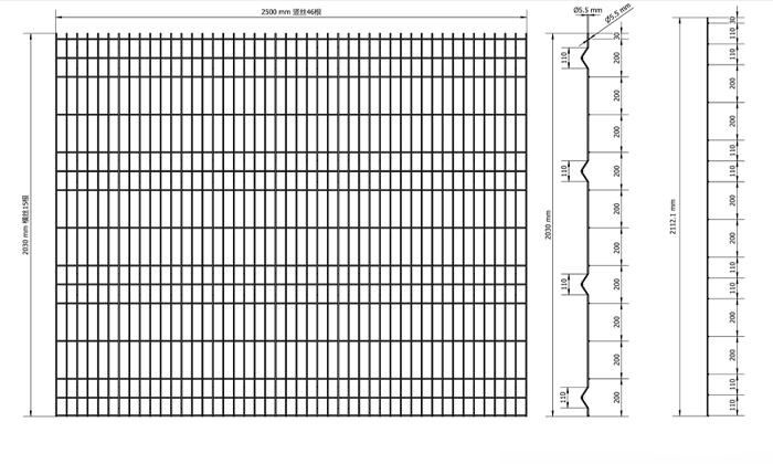 Drawings of 3D welded mesh fence