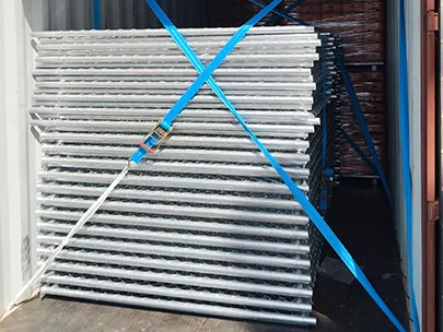 Several pieces of American chain link temporary fence are placed in the container and fastened with bundle tape.