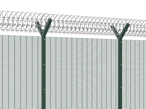 A line of 358 security fence type airport fence.