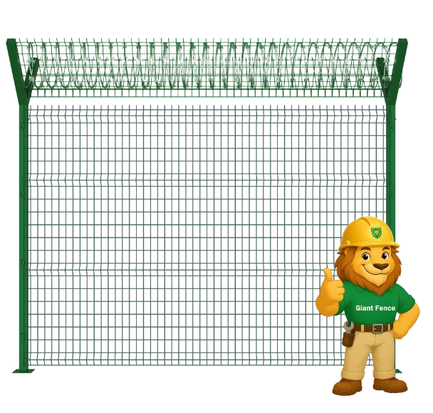 The mascot Gion is standing at the front of the galvanized airport fence.