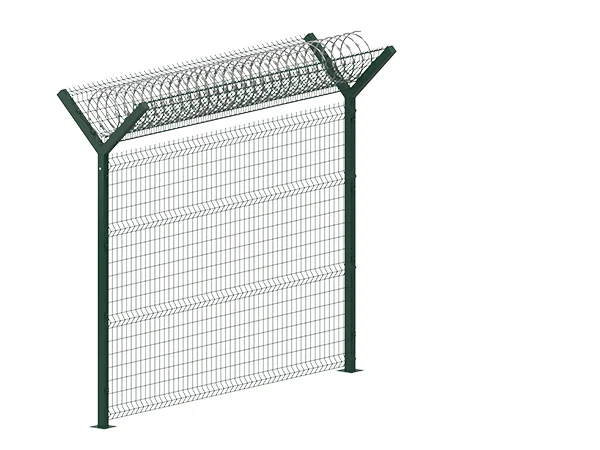 A piece of airport fence with double barb arm and razor wires.