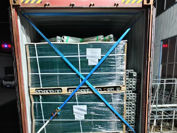 Packed mesh panels loaded into container, shipment of airport fencing system