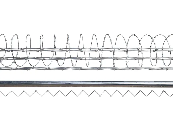 A row of barbed and razor security accessories.