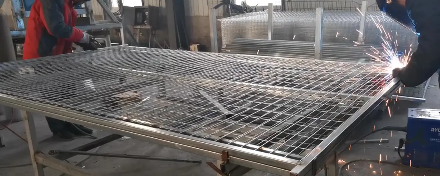 Two workers are welding Canada temporary fencing panel onto frame.