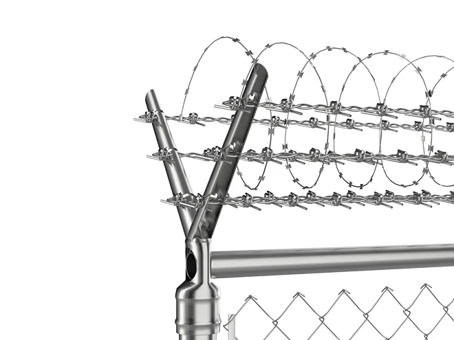 The detail picture of barbed arm of chain link fence.
