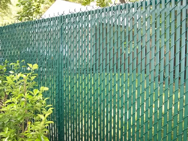 Chain link fence with green plastic privacy slats installed along a boundary.