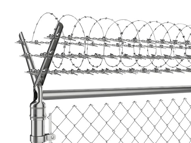 The detail picture of barbed arm of chain link fence.