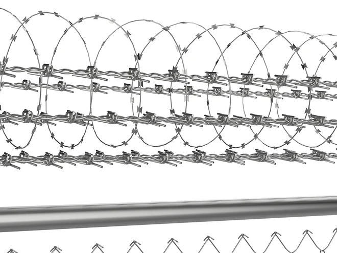 The detail picture of razor wire of chain link fence.