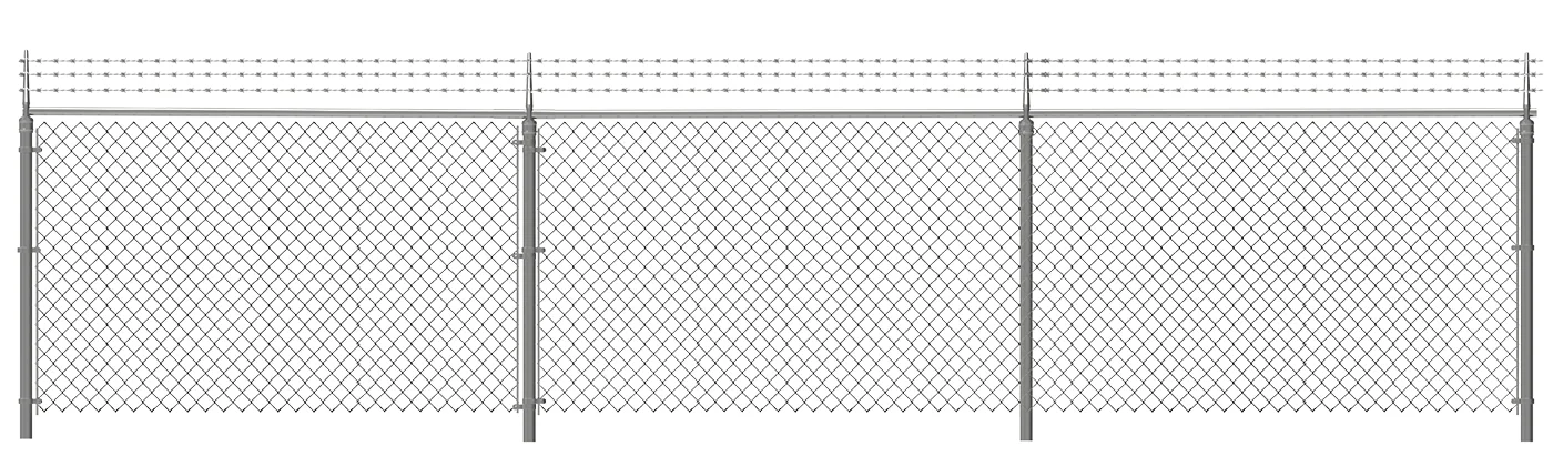 A line of galvanized chain link fence with single barb arm.