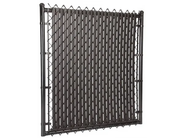 Chain link fence with dark plastic privacy slats.