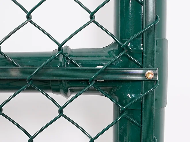 An aluminum strip detail of chain link sports fence.