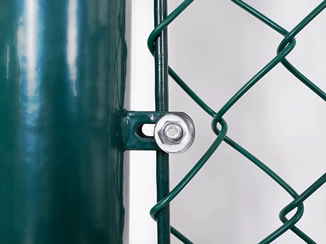 A rebar detail of chain link sports fence.