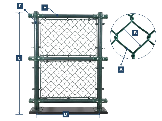 A dimension drawing of chain link sports fence.