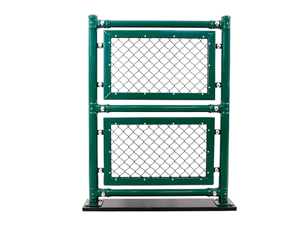 A piece of green chain link sports fence with fitting fastening.