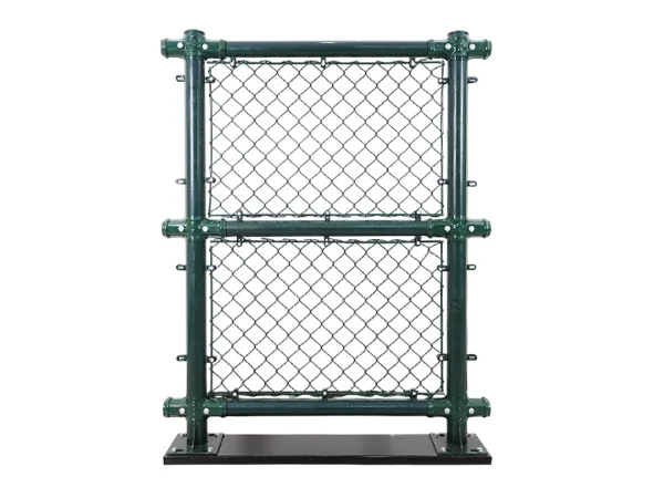 A piece of green chain link sports fence with rebar fastening.