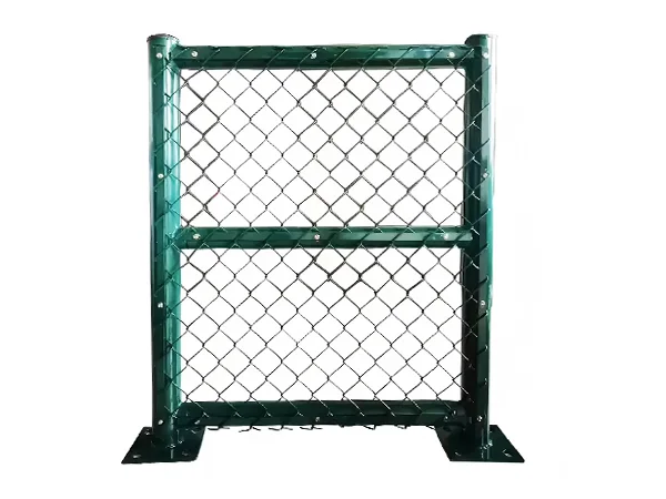 A piece of green chain link sports fence with aluminum strip fastening.