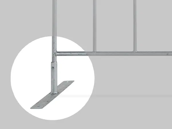 The detail of flat feet of crowd control barrier.e is fastened to the post with hook.