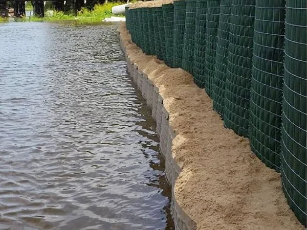 The defensive barriers are installed at the bank.