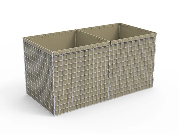 A two-cell defensive barrier with beige geotextile.