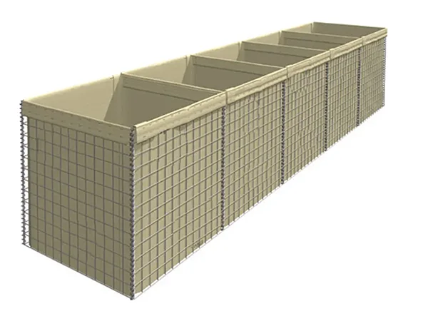 Several beige defensive barriers.