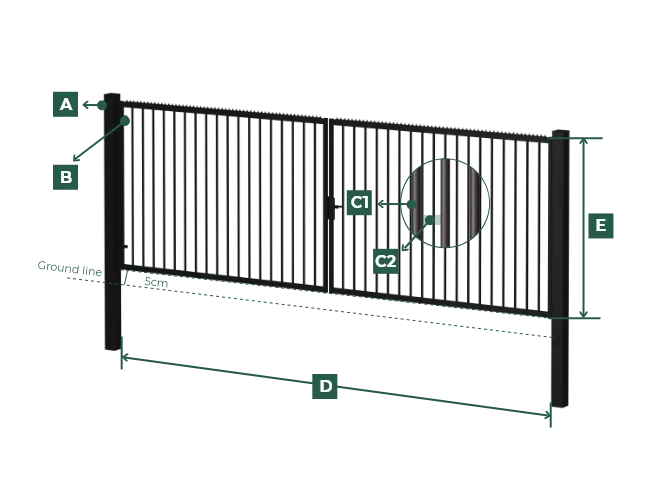 A tubular infill double gate dimension drawing.