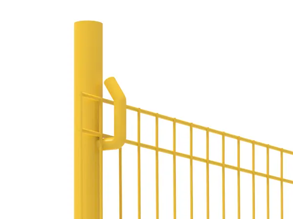 A piece of yellow edge protection fence is fastened to the post with hook.