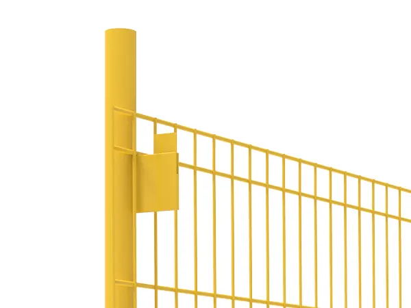 A piece of yellow edge protection fence is fastened to the post with latch.